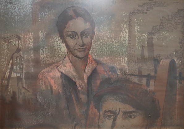 Alexis Josic, watercolour and pastel, Industrial scene with two figures, signed and dated 1949, 70 x 97cm. Condition - fair
